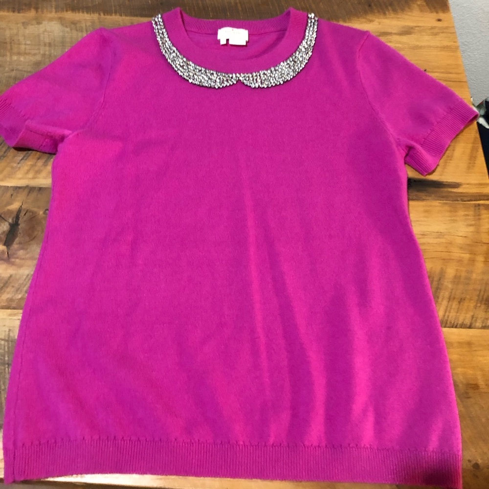 Kate Spade Peter Pan Collar Embellished Short Sleeve Pink Sweater